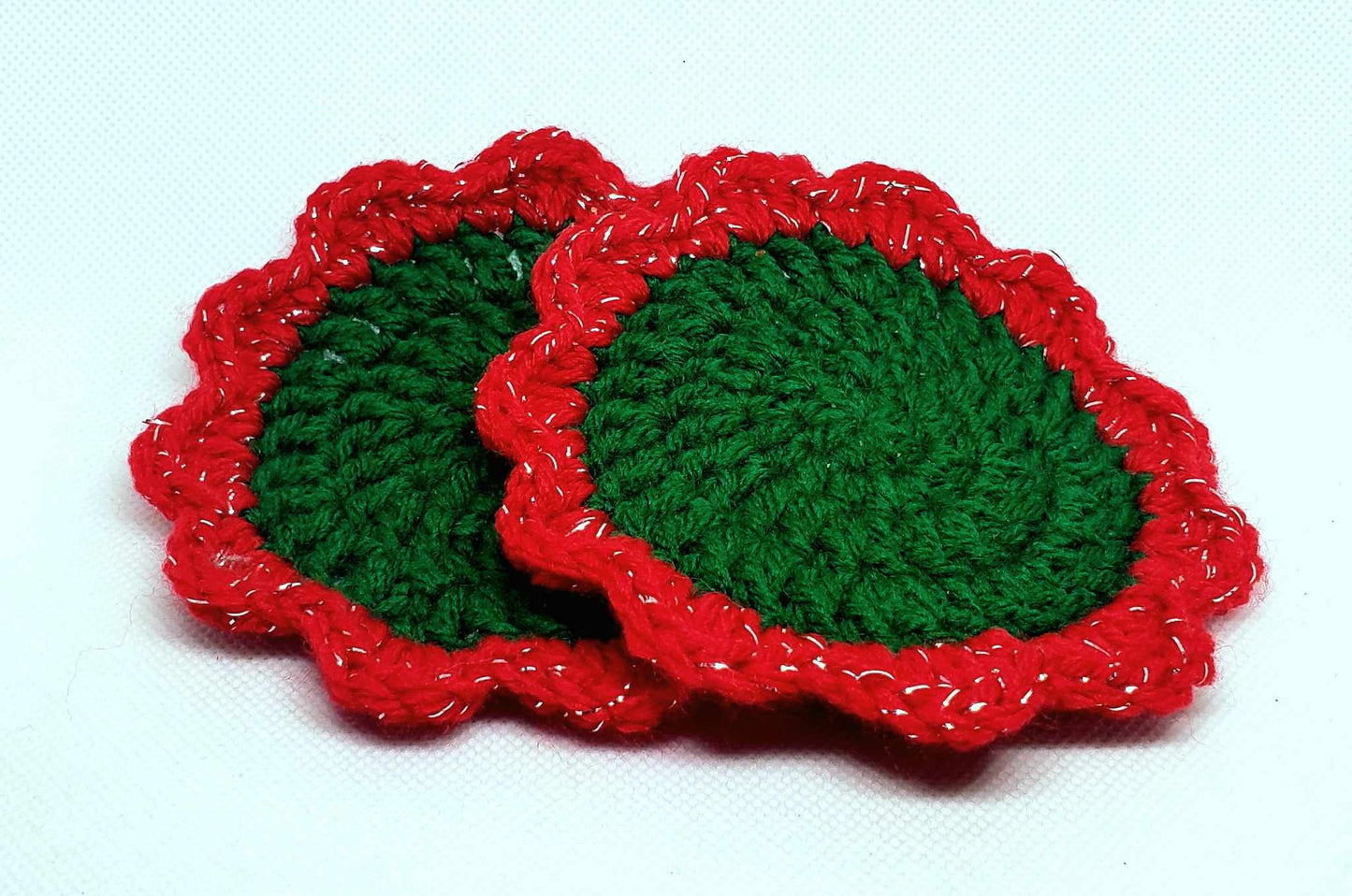Set of 2 single green and red sparkle coasters